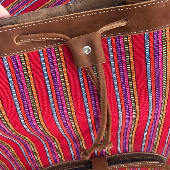 Handmade Guatemalan Woven Backpack Red Textile‎ Leather Trim Hecho en Guatemala main image 9